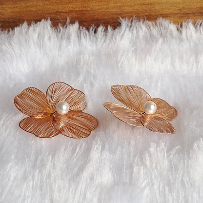 Rose Gold Pearl Floral Stud Earrings