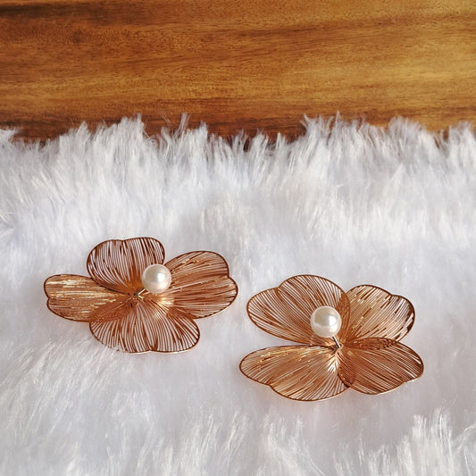 Rose Gold Pearl Floral Stud Earrings