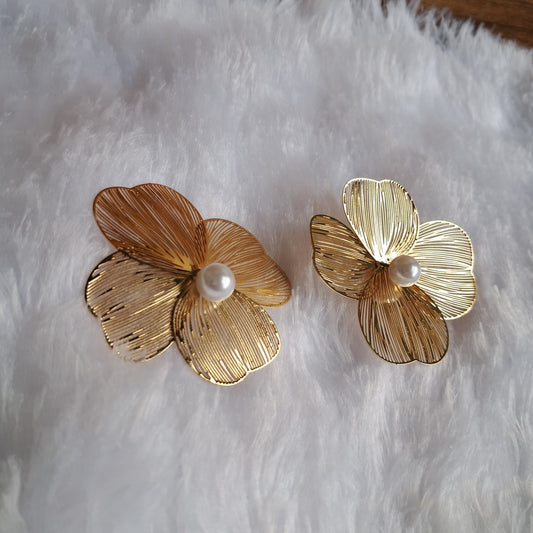 Golden Pearl Floral Stud Earrings