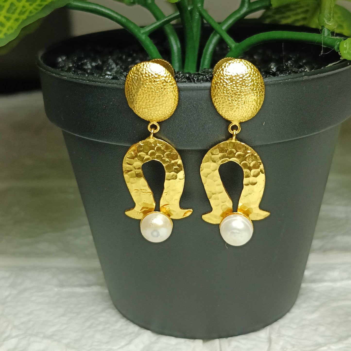 Golden hammered Brass and pearl Earrings