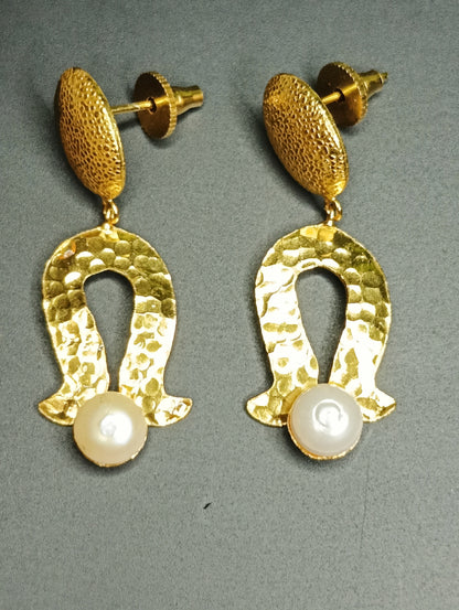 Golden hammered Brass and pearl Earrings