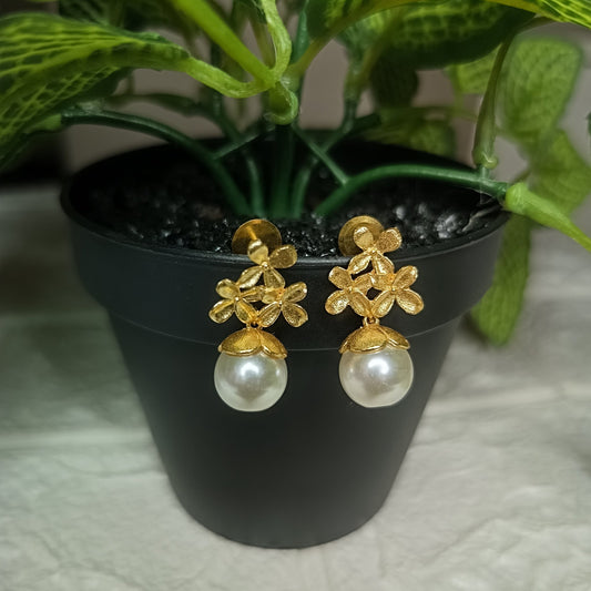 Golden Floral Pearl Drop Earrings