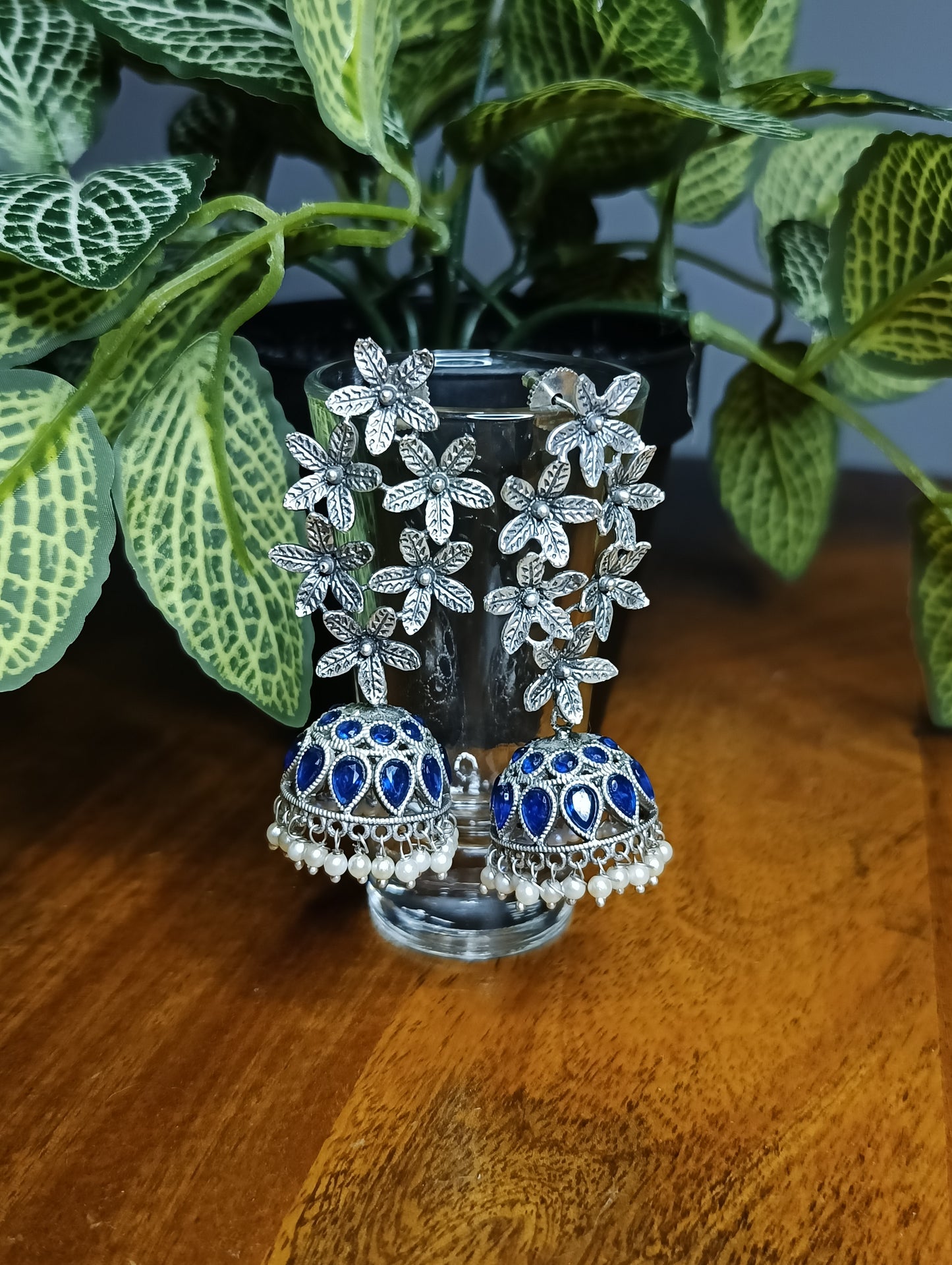 Royal Blue Silver Flower Jhumkas