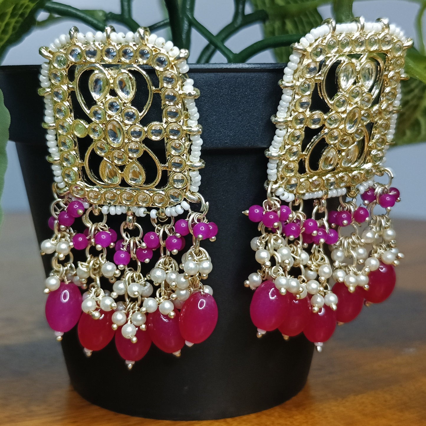 Rani Pink Kundan Pearl Cluster Earrings