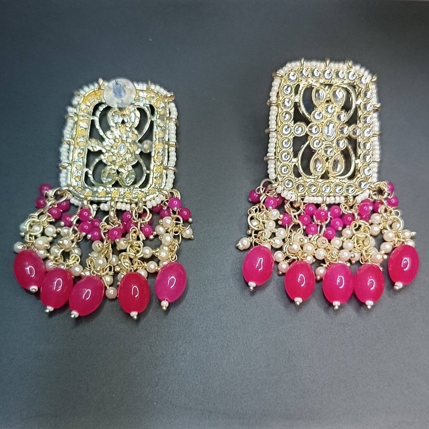 Rani Pink Kundan Pearl Cluster Earrings