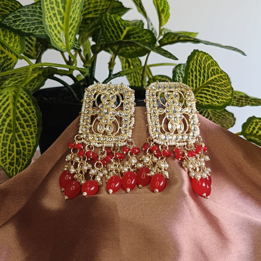 Red Kundan Pearl Cluster Earrings