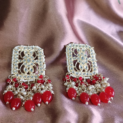 Red Kundan Pearl Cluster Earrings