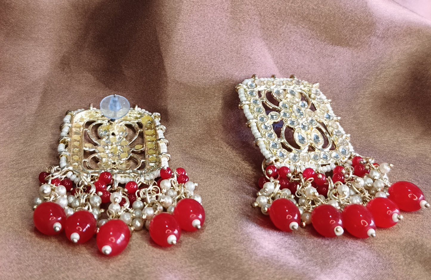 Red Kundan Pearl Cluster Earrings