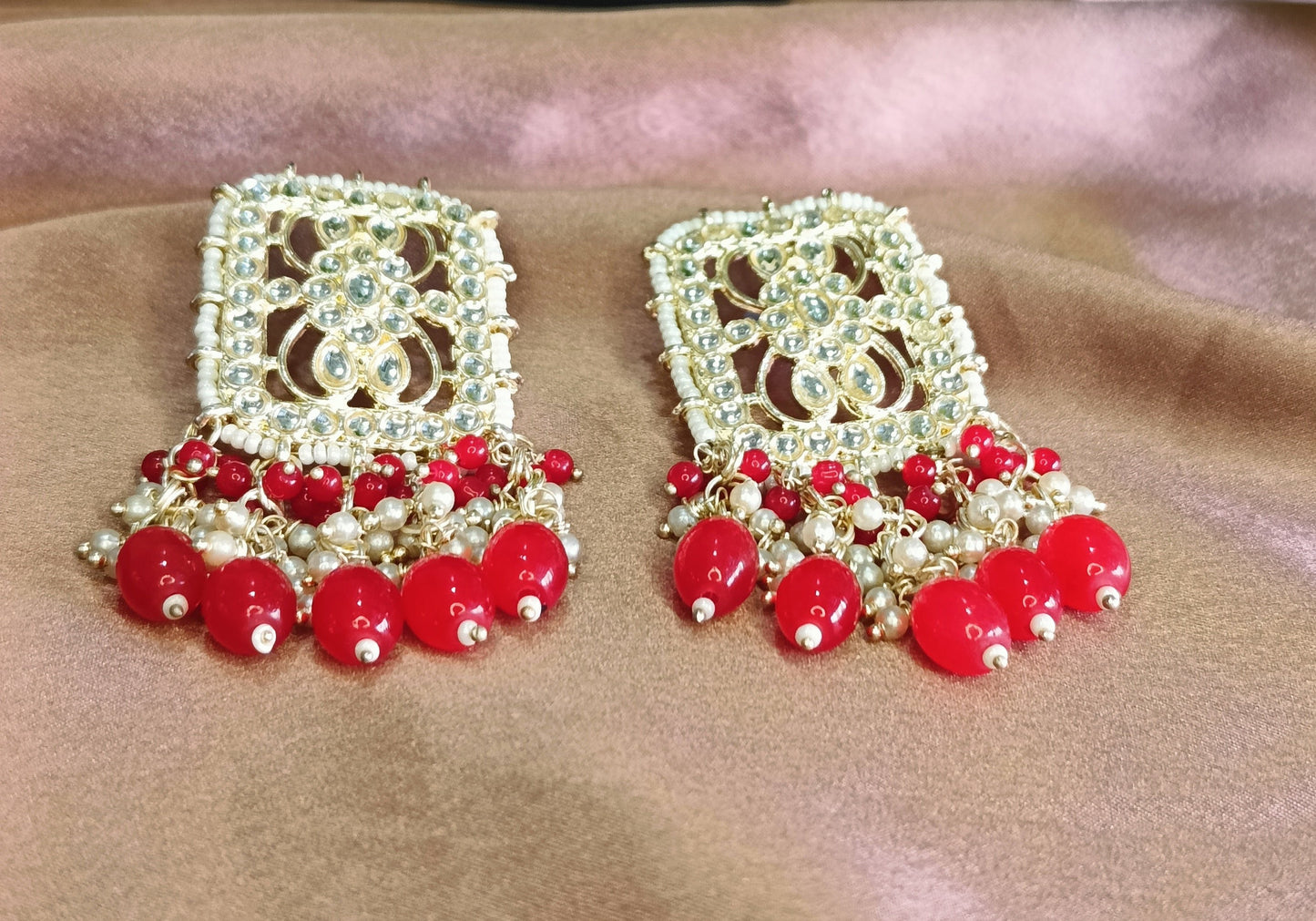 Red Kundan Pearl Cluster Earrings