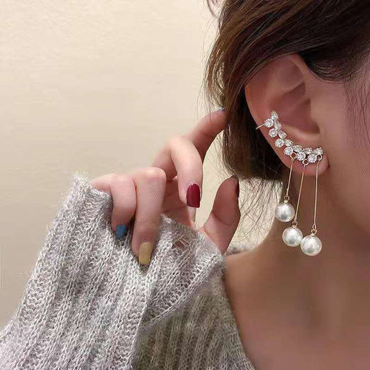 Zircon Ear Cuff With Pearl Tassel Korean Earrings