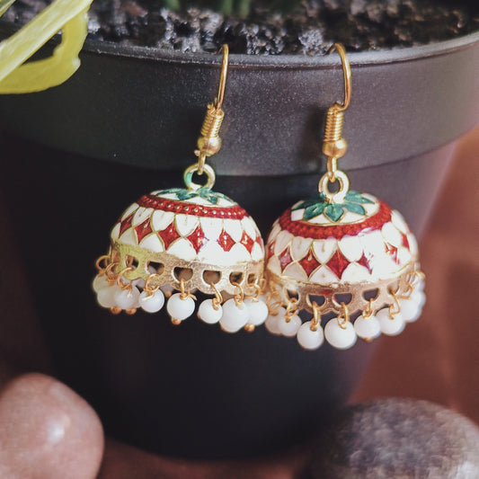 Meenakari Pearl Tassel Jhumki Earrings (White)