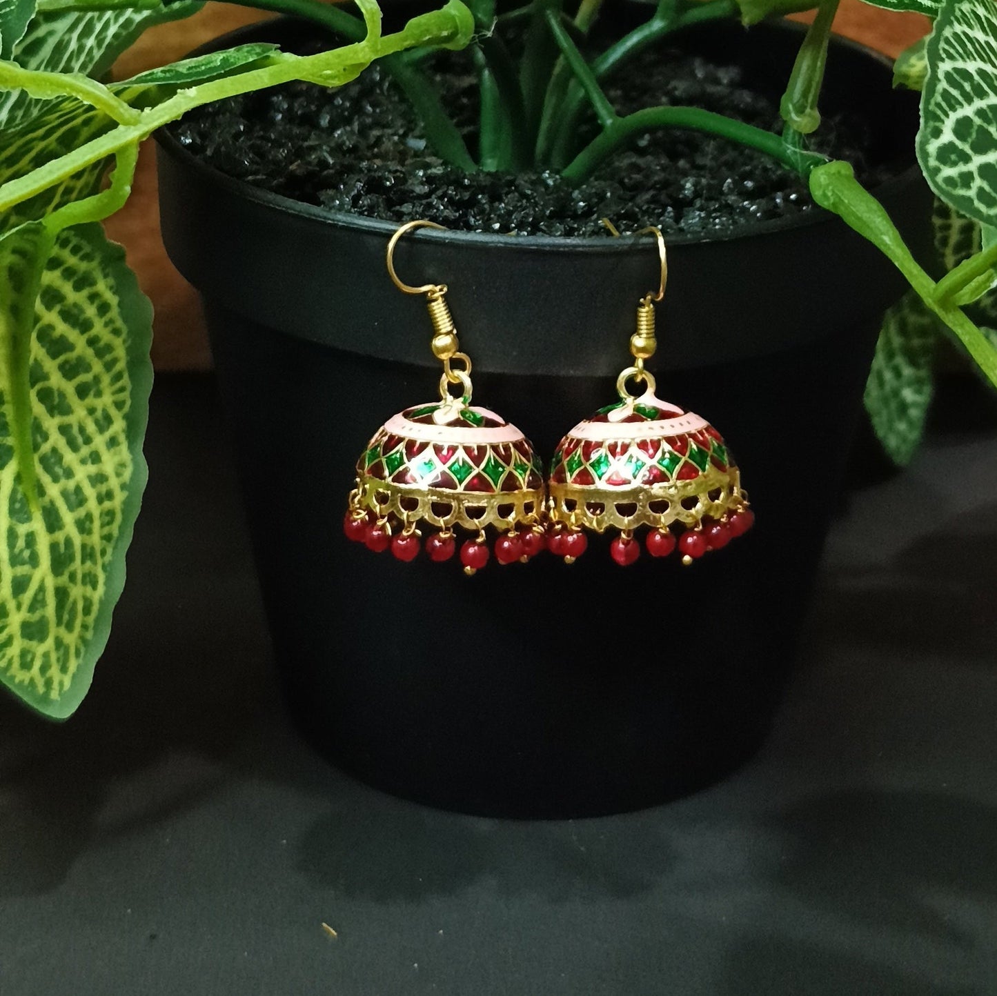 Meenakari Pearl Tassel Jhumki Earrings (Maroon)