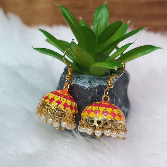 Meenakari Pearl Tassel Jhumki Earrings (Yellow)