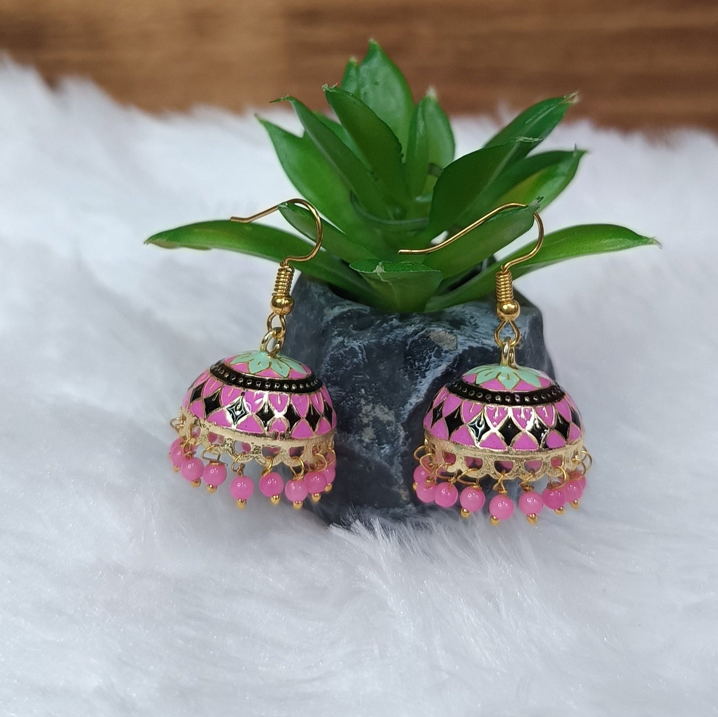 Meenakari Pearl Tassel Jhumki Earrings (Pink)