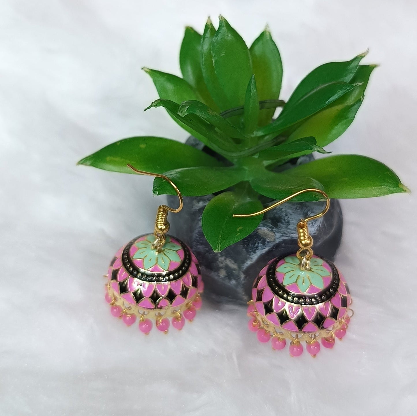 Meenakari Pearl Tassel Jhumki Earrings (Pink)