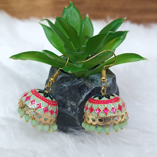 Meenakari Pearl Tassel Jhumki Earrings (Pistachio)