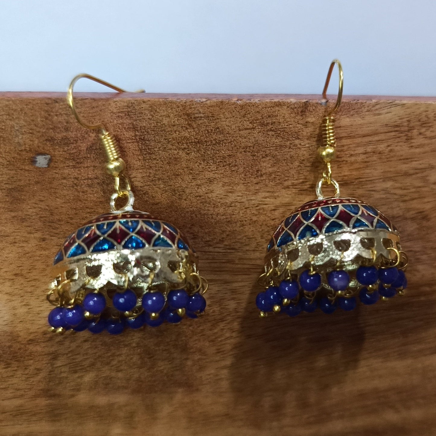 Meenakari Pearl Tassel Jhumki Earrings (Blue)