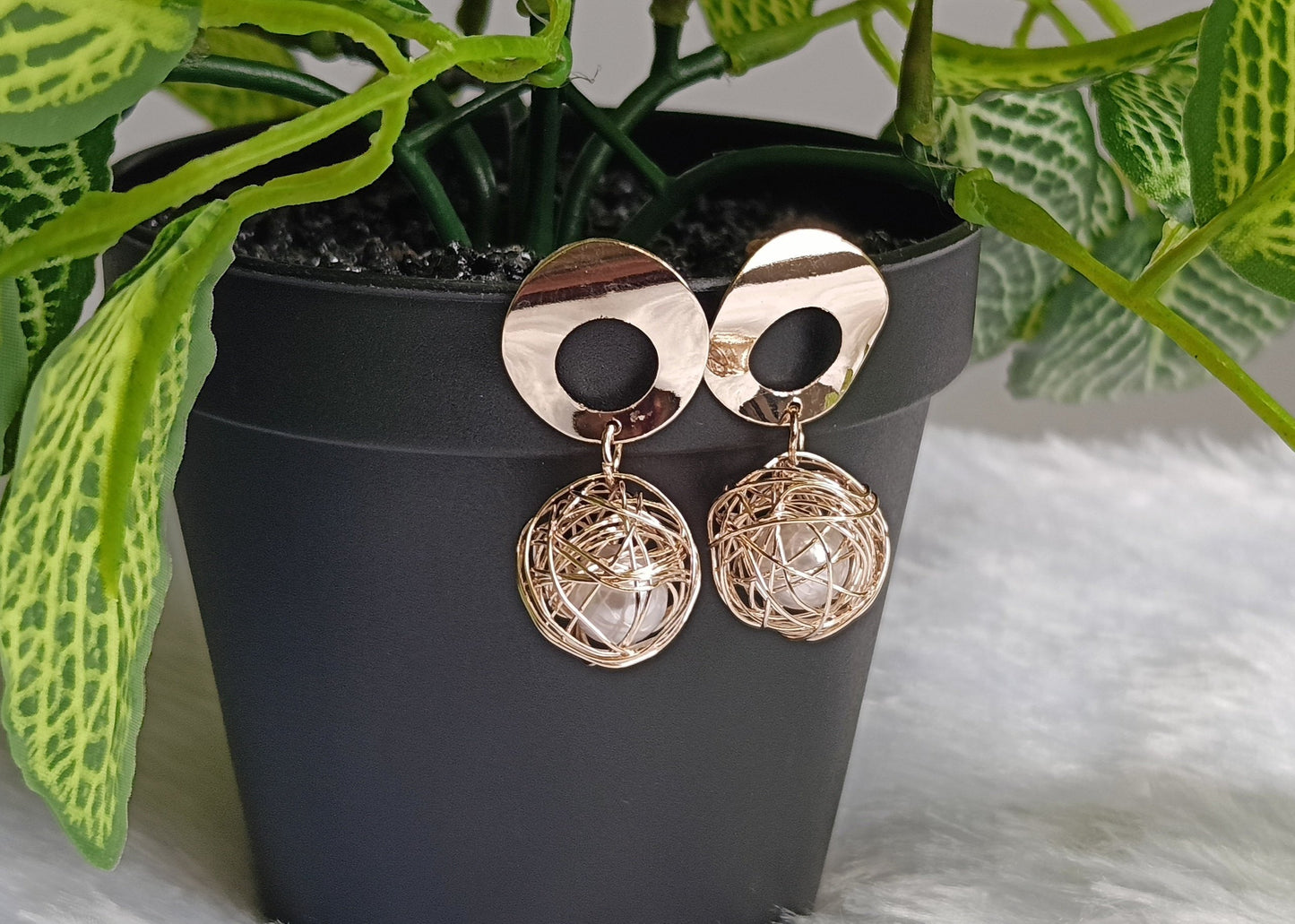 Rose Gold Stud Weaved Ball Drop Earrings