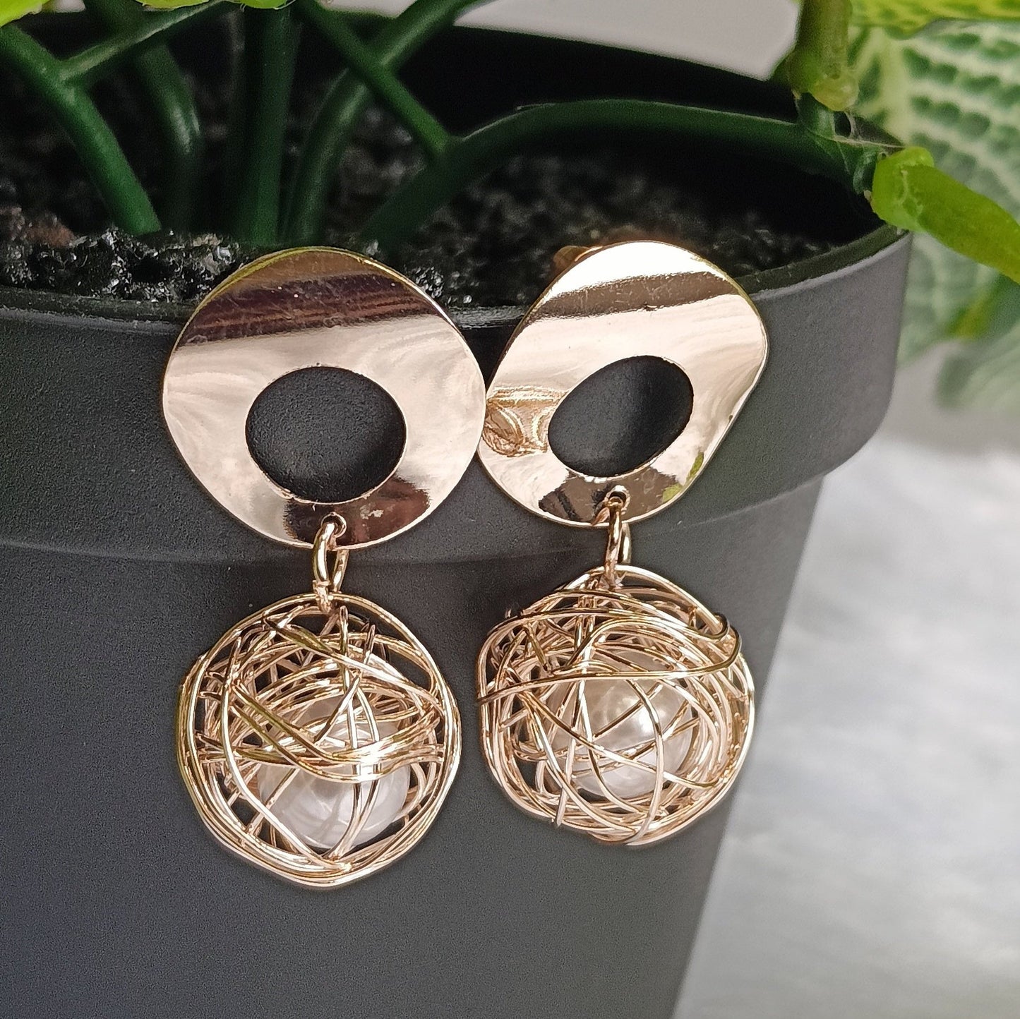 Rose Gold Stud Weaved Ball Drop Earrings