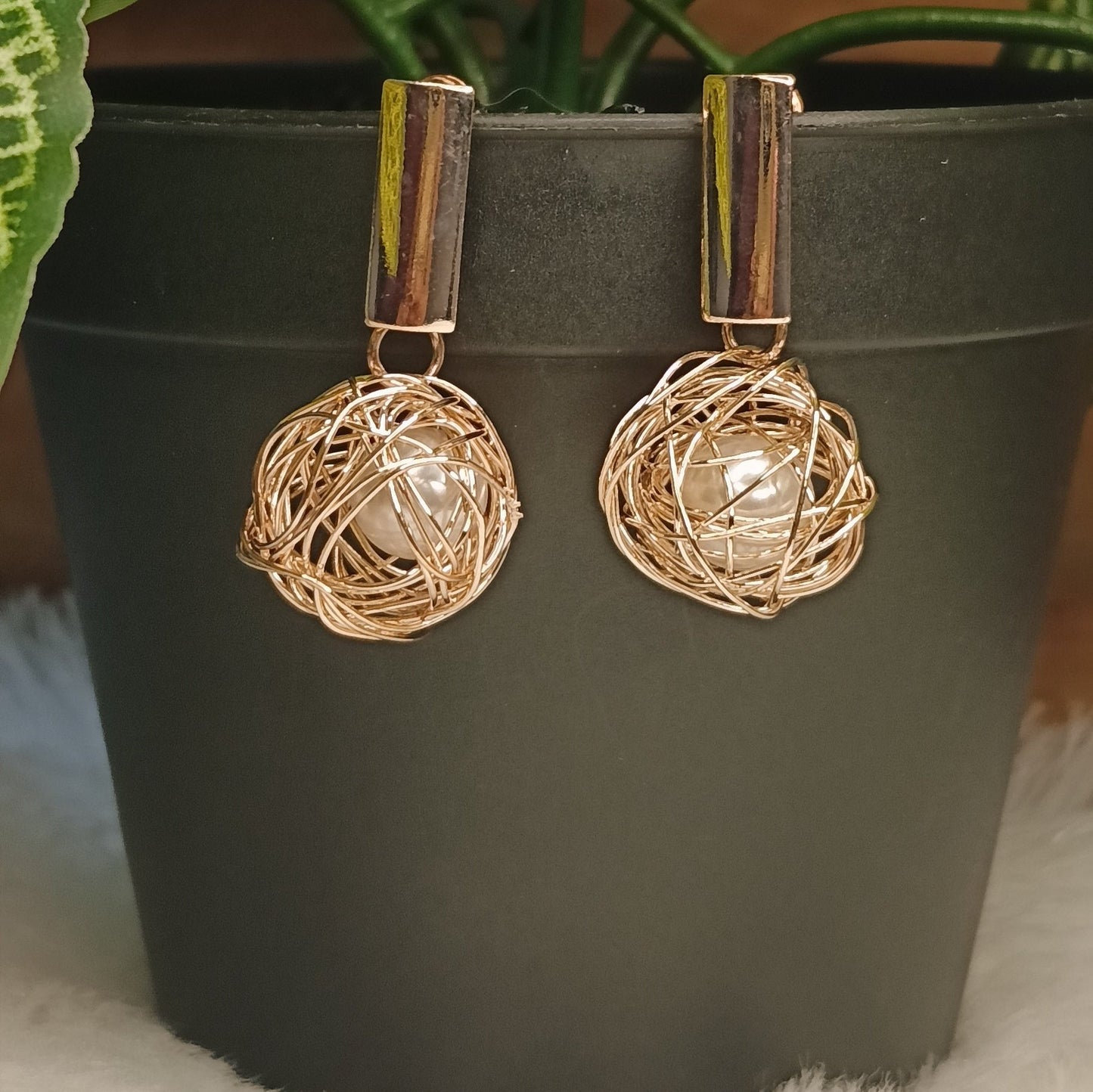 Rose Gold Basket Ball Drop Earrings