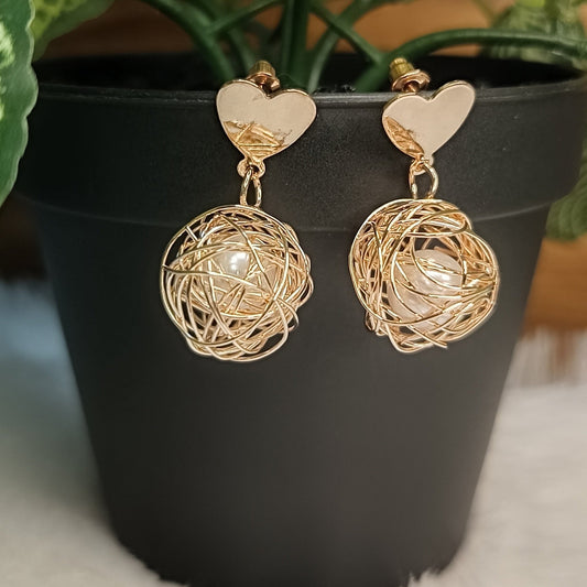 Rose Gold Heart Weaved Ball Drop Earrings