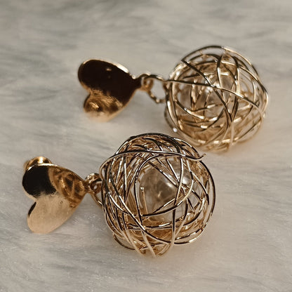 Rose Gold Heart Weaved Ball Drop Earrings