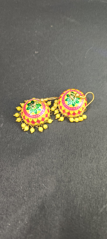 Meenakari Pearl Tassel Jhumki Earrings (Yellow1)