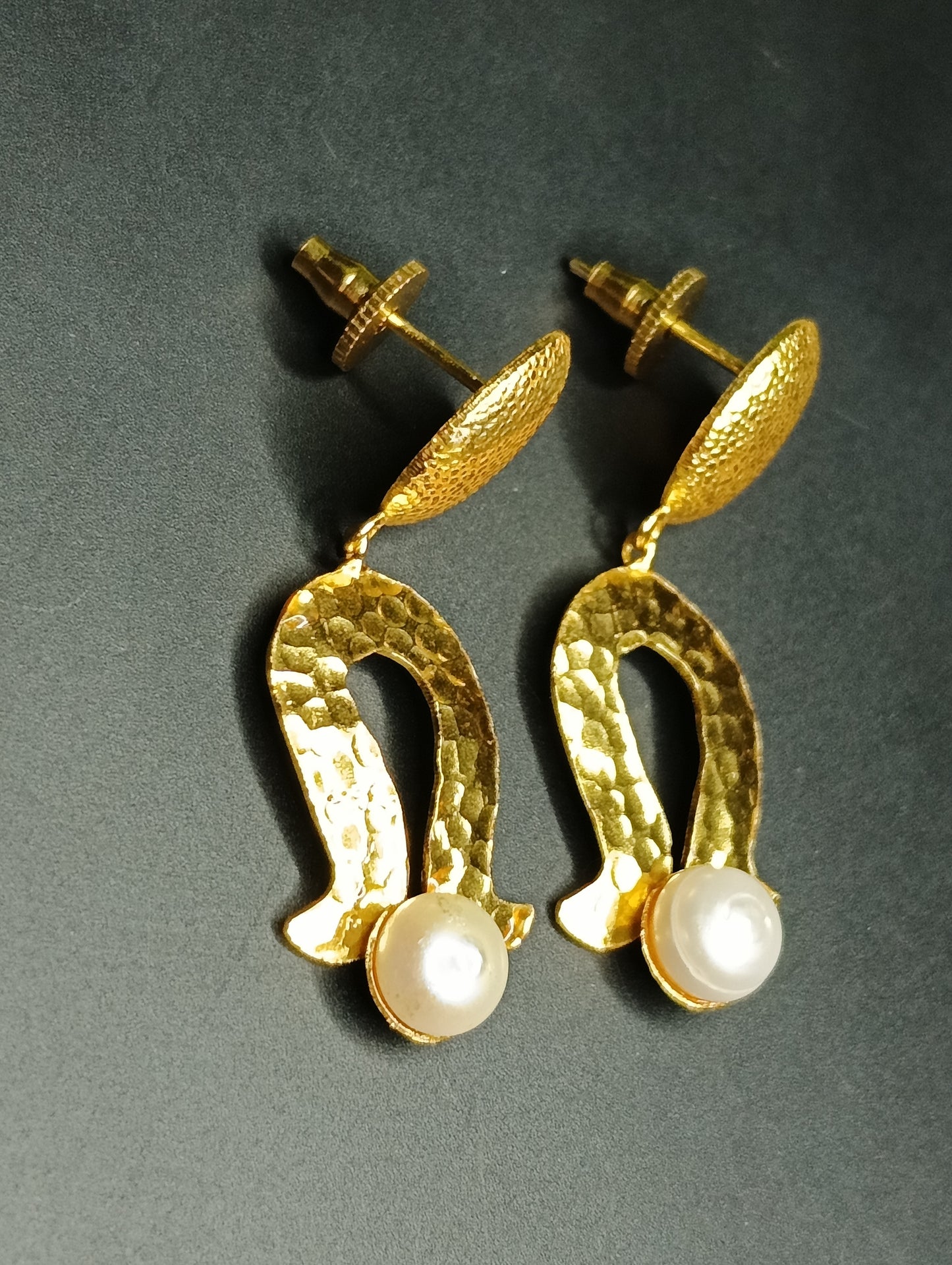 Golden hammered Brass and pearl Earrings