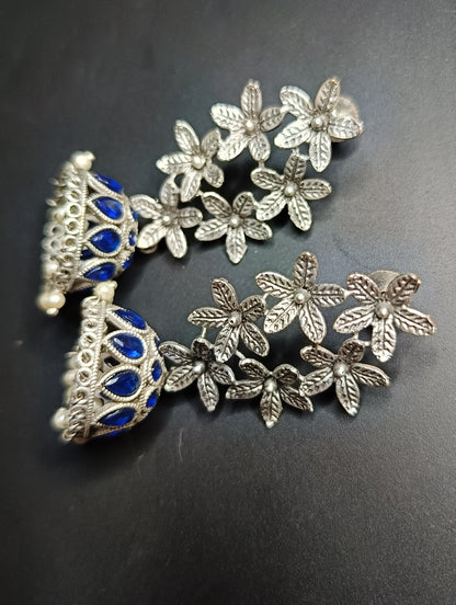 Royal Blue Silver Flower Jhumkas