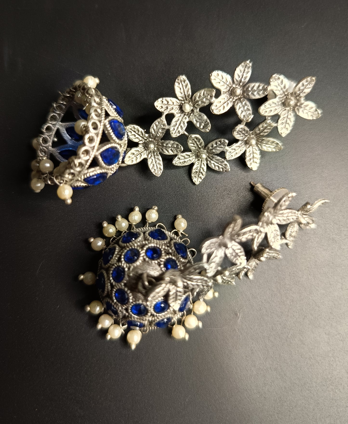 Royal Blue Silver Flower Jhumkas