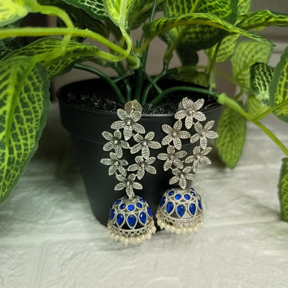 Royal Blue Silver Flower Jhumkas