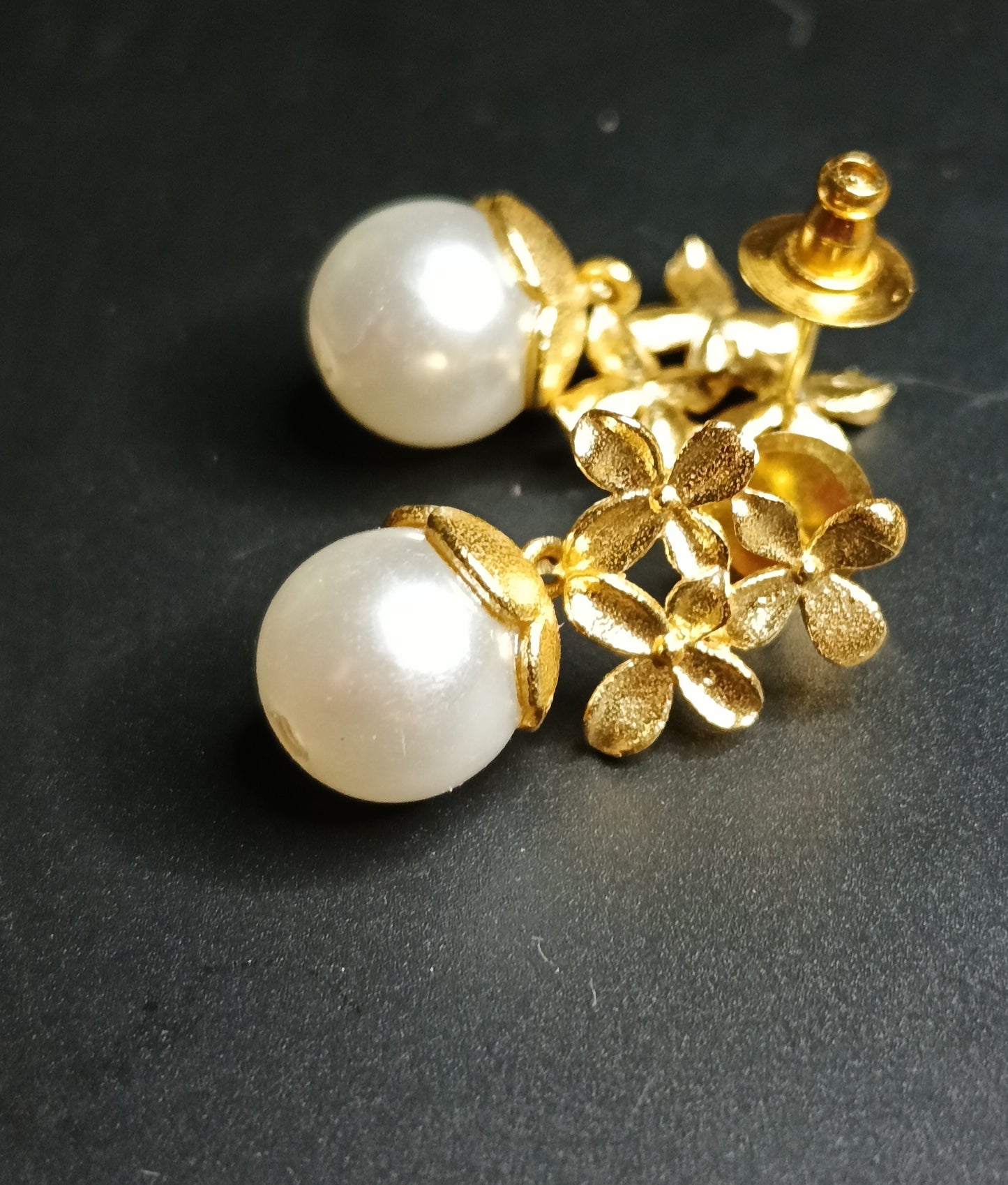 Golden Floral Pearl Drop Earrings