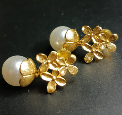 Golden Floral Pearl Drop Earrings