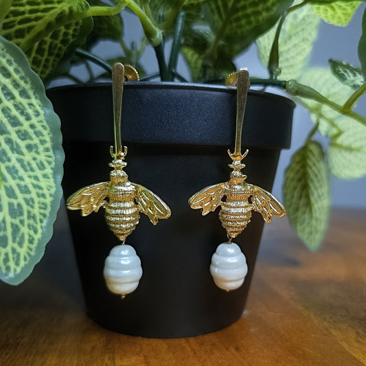 Golden Honeybee Pearl Earrings