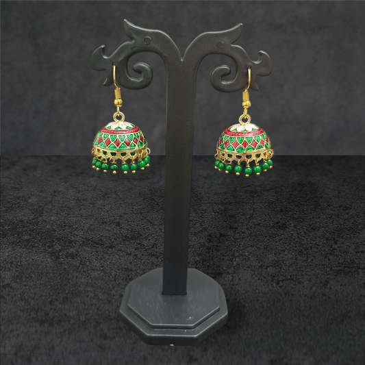 Meenakari Pearl Tassel Jhumki Earrings (Green)