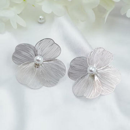 Silver Pearl Floral Stud Earrings