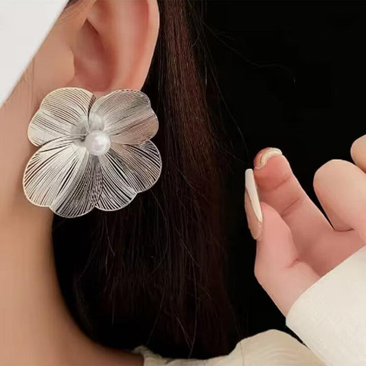 Silver Pearl Floral Stud Earrings